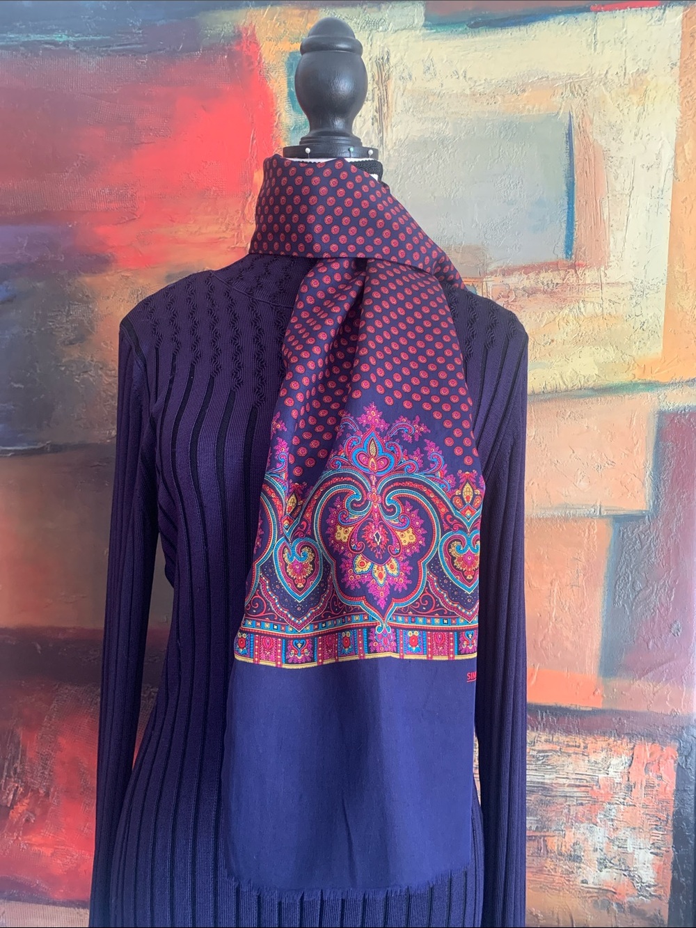 Vintage Simon Chang Silk/Wool Reversible Opera Scarf with Paisley Print